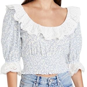 WAYF Hanita Eyelet Ruffle Smocked Top